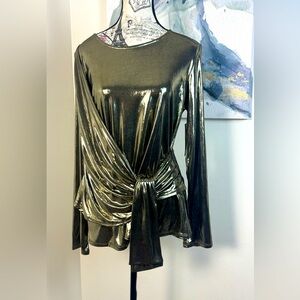 Karen Kane Glamorous Shimmering Gold Blouse Draped Front Size Large NWT